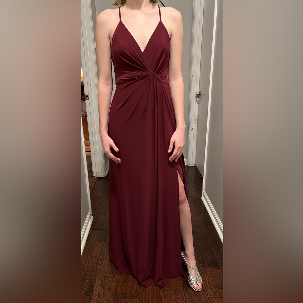 Deep burgundy prom dress.